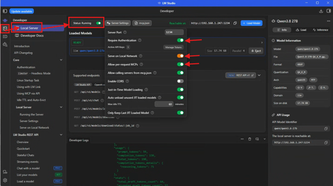Enable the LM Studio Server and configure options