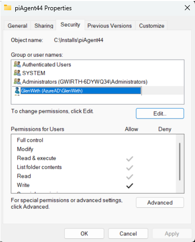Showing how to add write permissions for the user running the service.