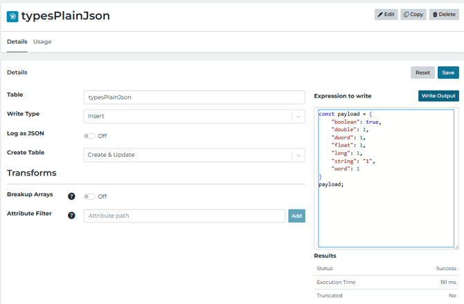same payload as before as a plain json to create postgres table